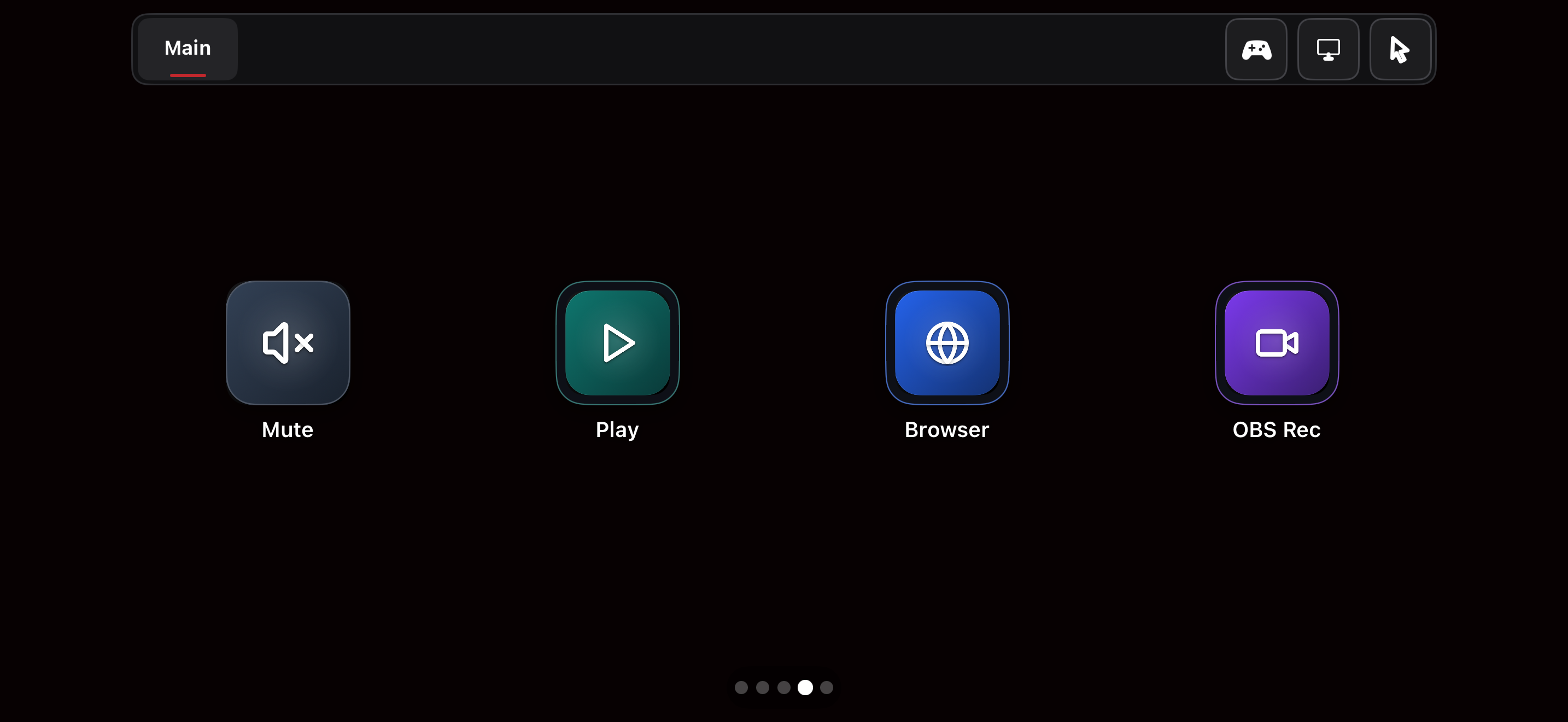 WingDeck Deck mode with Mute, Play, Browser, and OBS recording actions