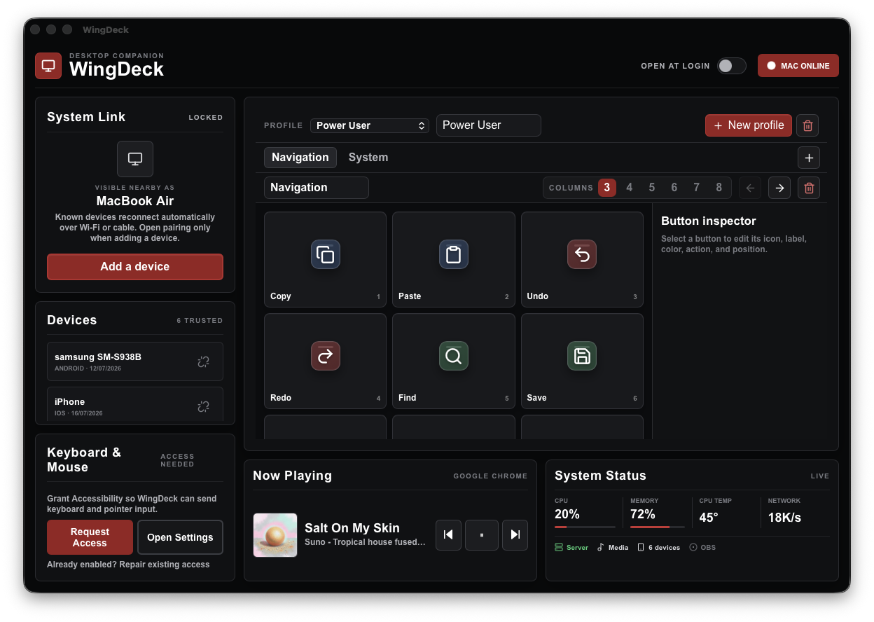 WingDeck desktop companion with device pairing, Deck editing, media, and system status