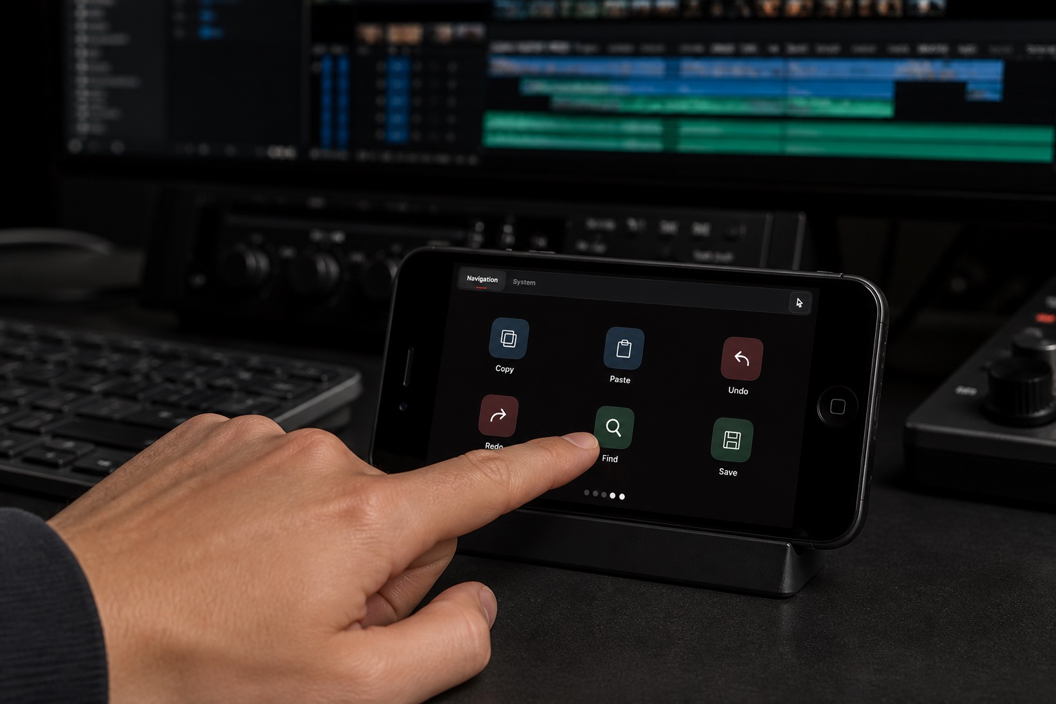 A person using WingDeck Deck mode beside a video editing workstation