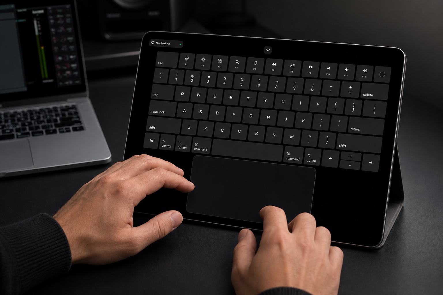 A person using WingDeck keyboard and trackpad mode on an iPad